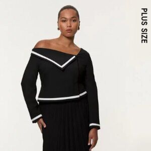 Plus Size Compact Stretch Asymmetric Neck Color Block Pleated Tailored Dress